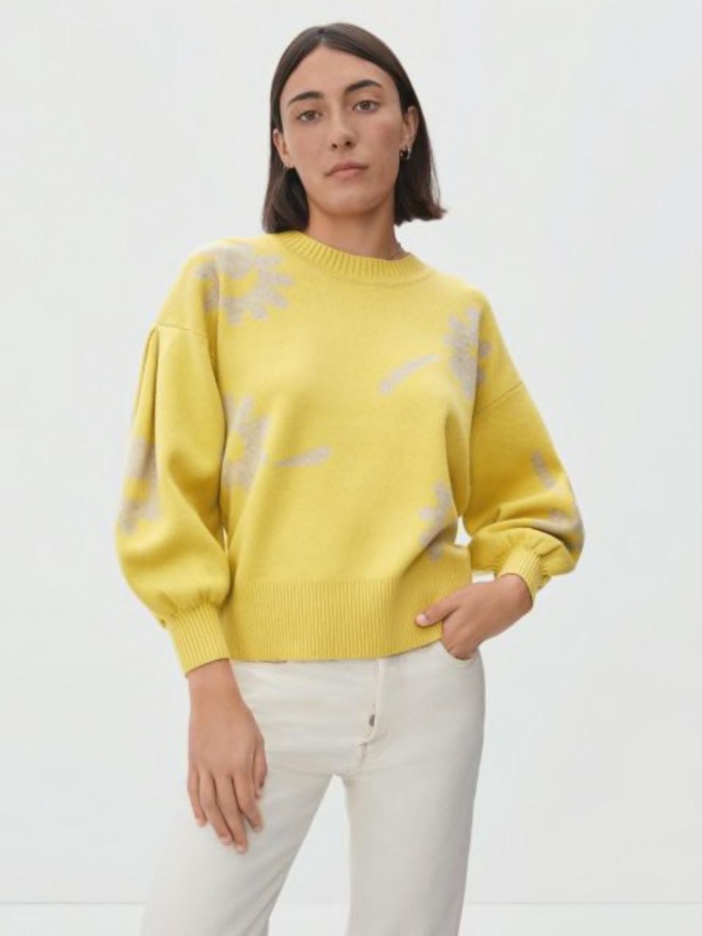 Everlane Yellow Floral-Accent Crewneck Sweater